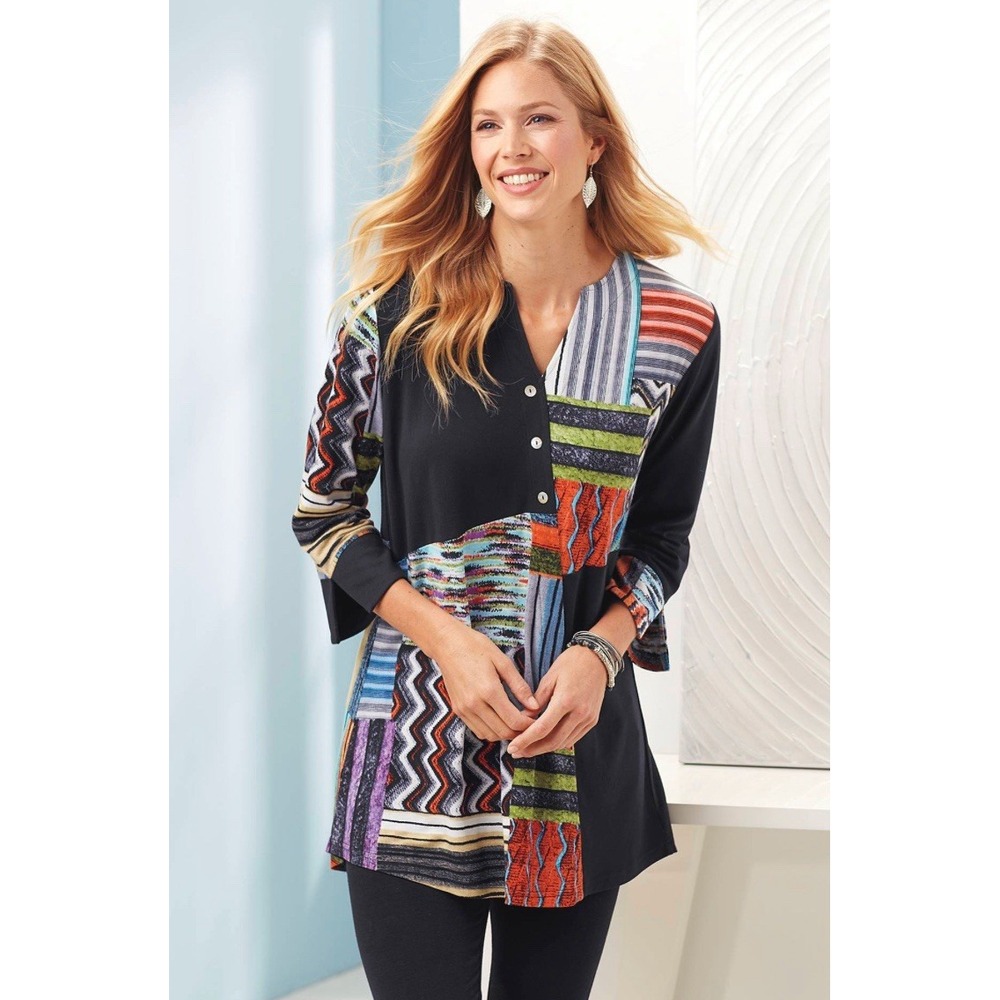 Parsley & Sage Split Neck Multicolor Artsy Lagenlook 3/4 Sleeves Tunic Women's S